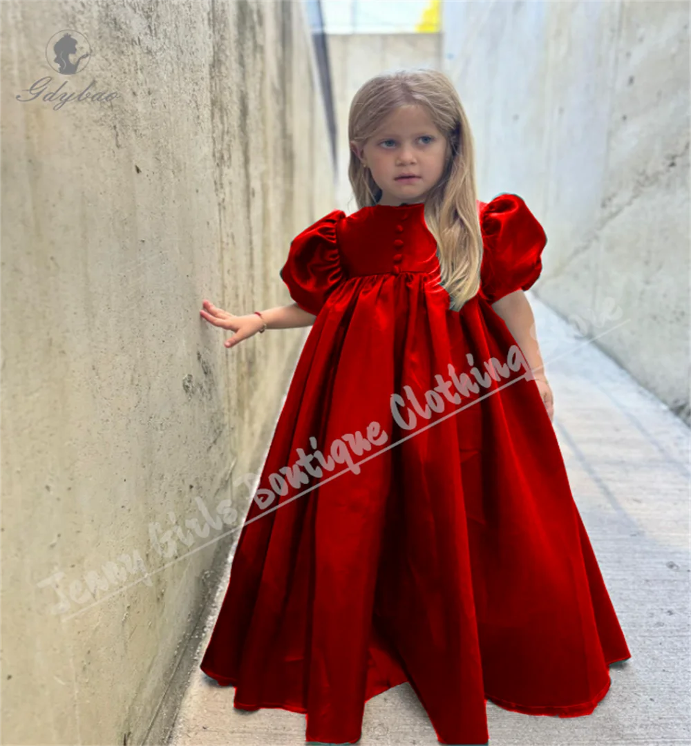 فستان فتاة الزهور من الساتان الأنيق منتفخ باللون الأحمر لحفلات الزفاف بأكمام قصيرة منتفخة بطول الأرض فستان عيد ميلاد للأطفال الصغار #1