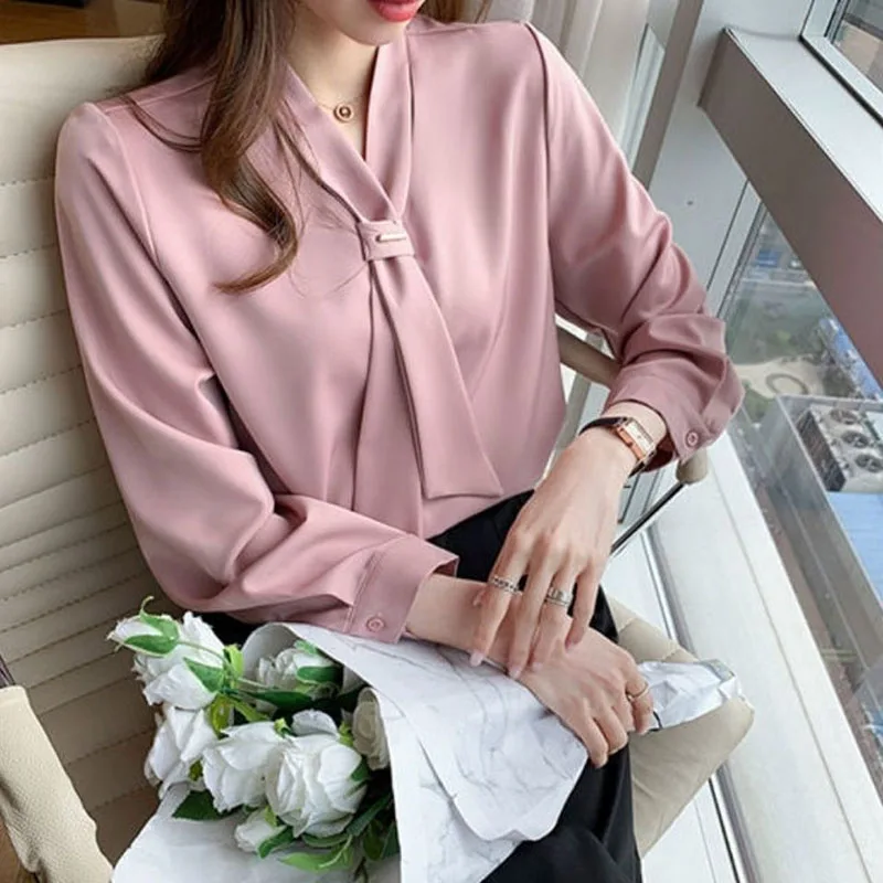 Elegant V-Neck Solid Color Lace Up Blouse Women\'s Clothing 2024 Autumn New Loose Casual Pullovers All-match Office Lady Shirte