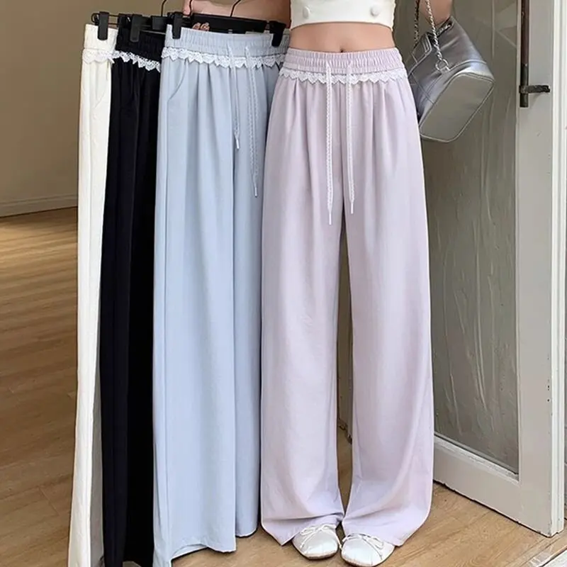 

Sweet Purple Lace Trim Wide Leg Pants Women's Spring Summer New Loose High Waist Straight Casual Long Trousers Korean Style