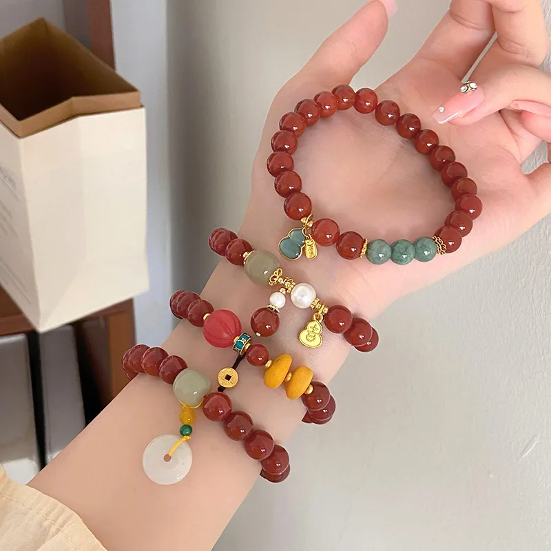 New Retro Chinese Style Nanjiang Carnelian Bracelet Light Luxury Handmade Design Peace Buckle Beeswax Hetian Jade Bracel