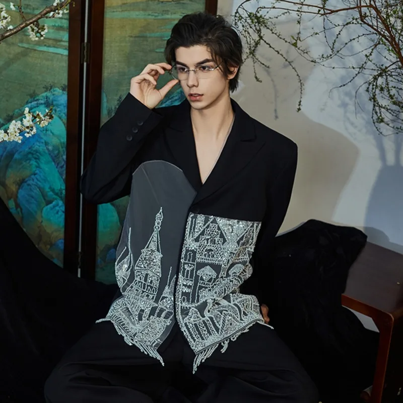 WVGA البدلة معاطف ربيع الخريف جديد الرجال المد الصين شيك مطبوعة المرقعة العصرية المتخصصة شيك عادية كم طويل السترة Ins W10948