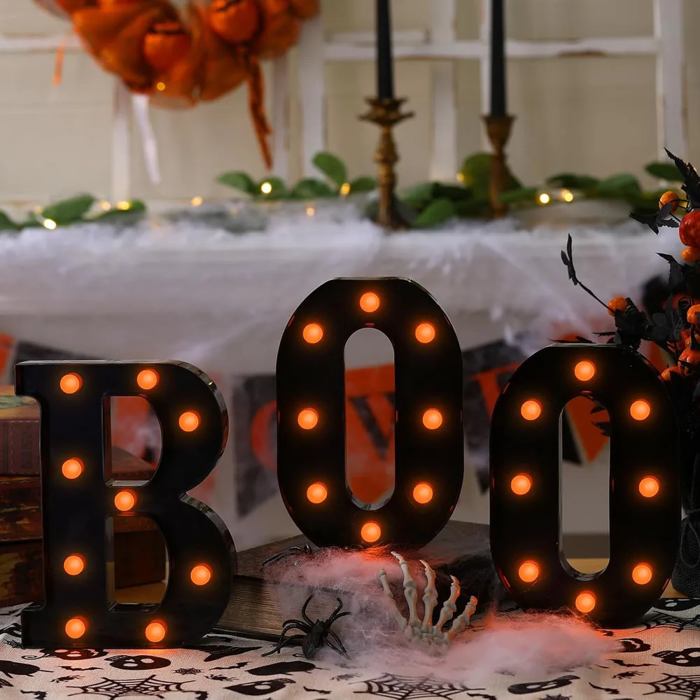 Conjuntos de 3 marquesina LED con letras iluminadas, letrero "BOO", decoración de Halloween para cocina, mesa, chimenea, repisa, fiesta en interiores