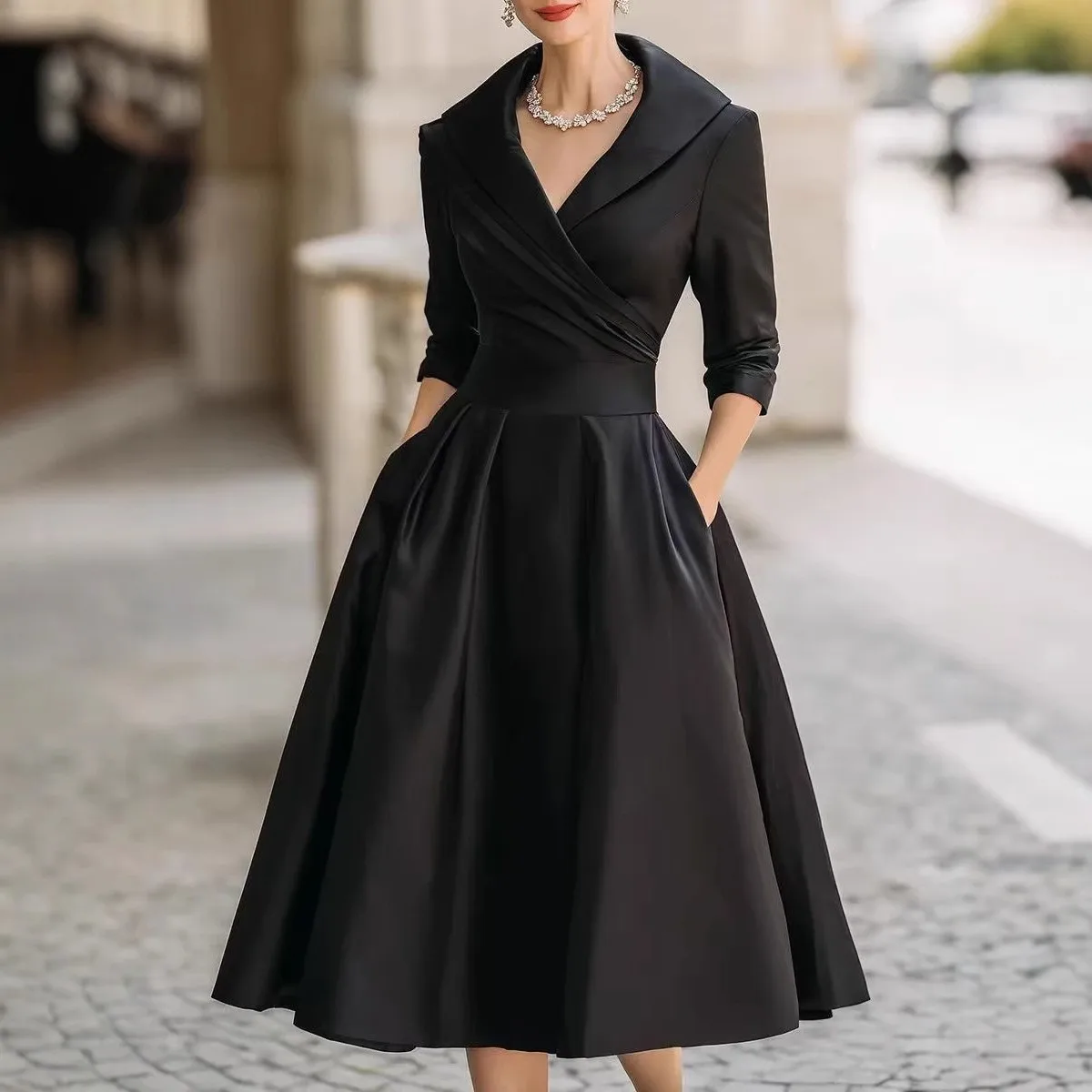Single Long Sleeve Dress Slim Fit Streetwear with Notched Collar Regular Sleeve Asymmetrical Skirt Maxi Length Autumn for Women