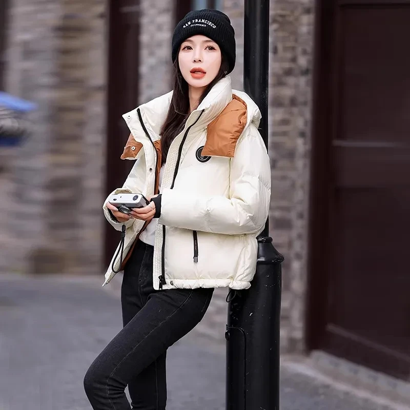 Contrast Down Cotton-Padded Jacket Women Short Hooded Winter 2025 New Warm Cotton Padded Coat Bread Coat Hooded Outerwear Female