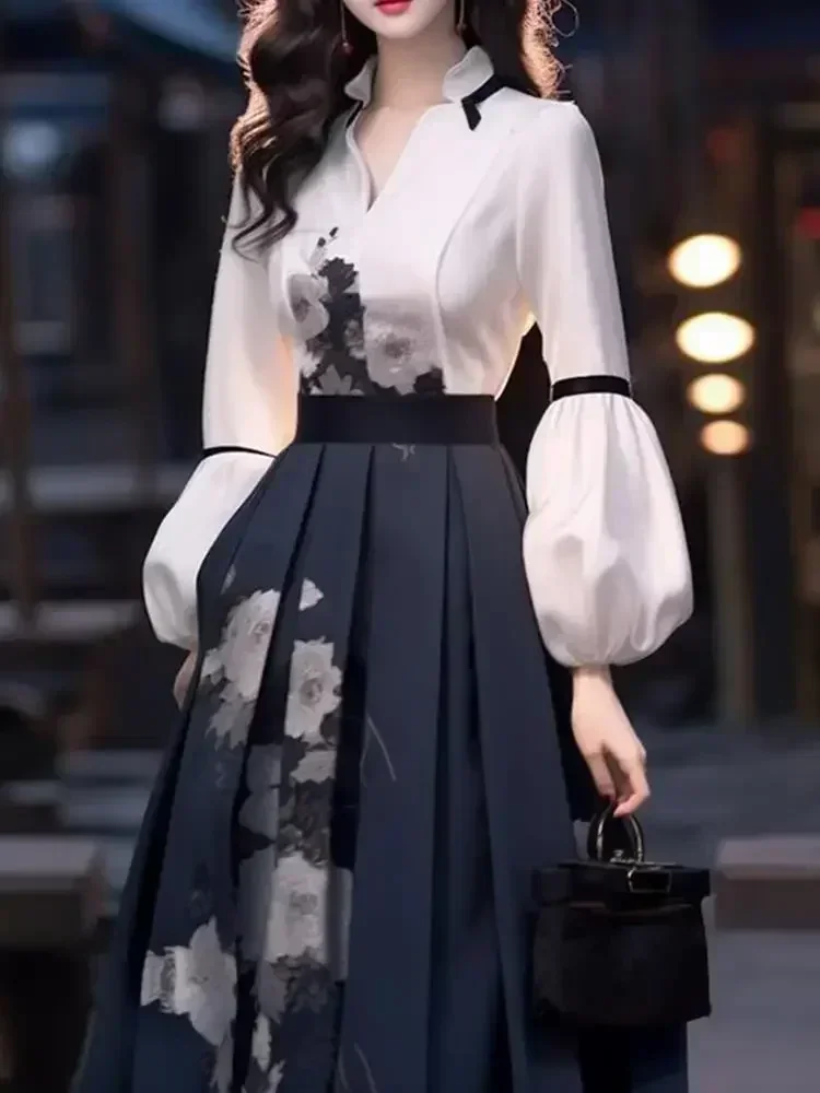 Women's Skirt Set Long Sleeved Blouse Top Autumn Spring High End Chinese Elegant Temperament Goddess Show Thin Print Skirt Set