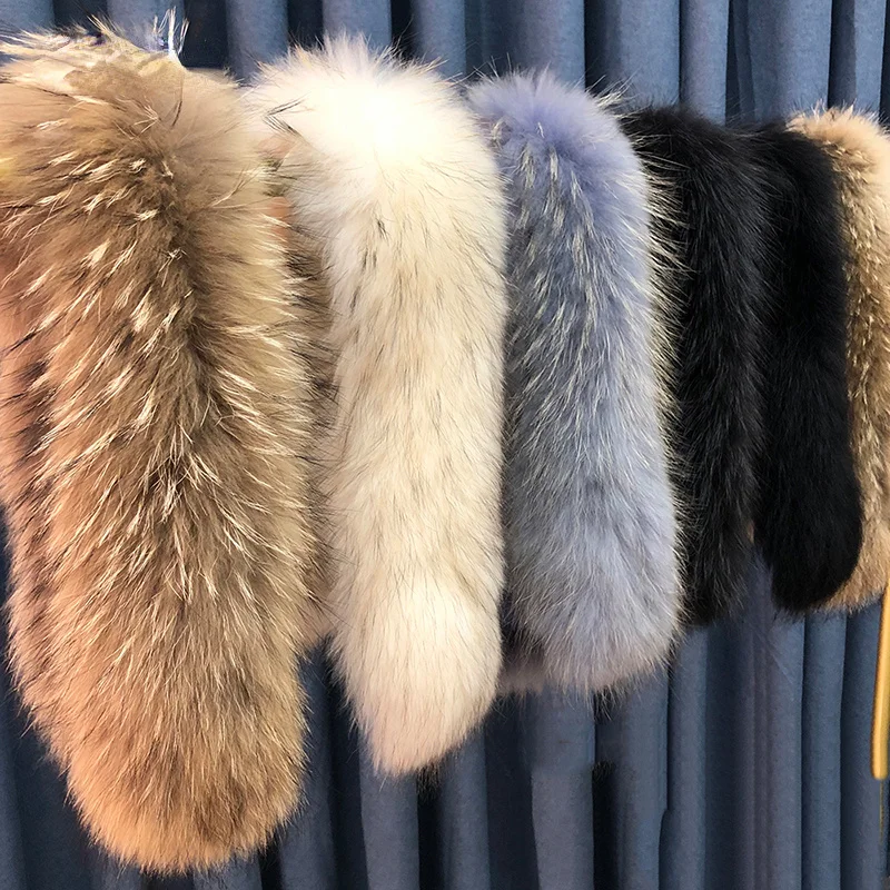 100% Real Fur Collar Luxury Warm Natural Raccoon Fur Scarf Women Genuine Fur Collar Scarves Large Fur Shawl Male Jacket Coat