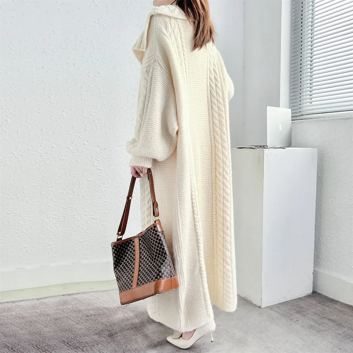 Winter Mohair Knitted Long Trench Women Fashionable Big Turn-down Neck Loose Cardigan Poncho Coat Thick Warm Streetwear Cloak