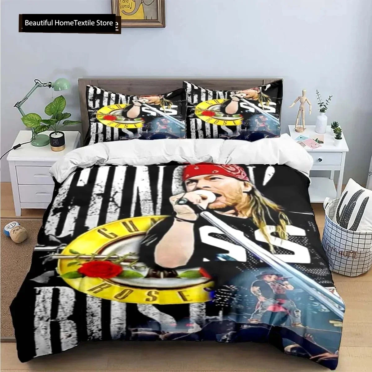 3D Print Guns N Roses GNR Band Retro Bedding Set Boys Girls Twin Queen King Size Duvet Cover Pillowcase Bed Boys Adult