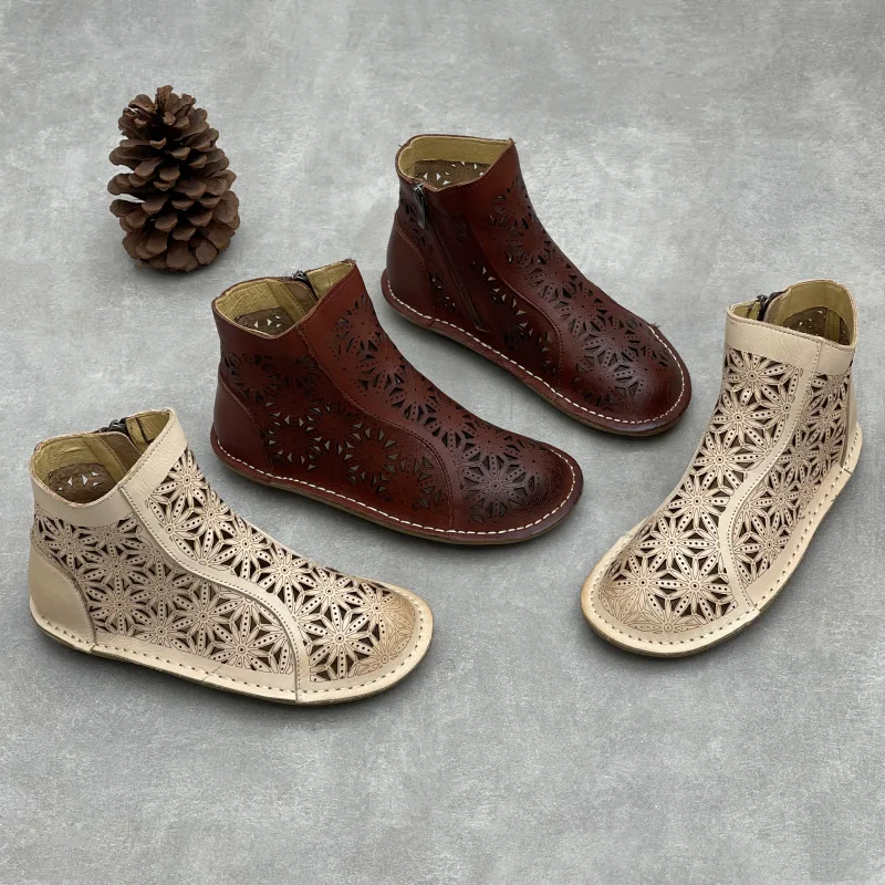 

GKTINOO Винтажные летние ботинки ручной работы из натуральной кожи 2026: Новые женские туфли с круглым носком, дышащие, с перфорацией