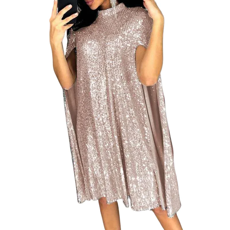 

Elegant Solid Sequined Dress For Women Fashion Half High Collar Loose Pullover Dresses Spring Summer Lady New Party Style