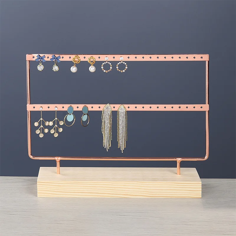 Gold Earrings Jewelry Display Stand Metal Jewellery Organizer Holders Wooden Base Storage Rack Store Decoration Gifts