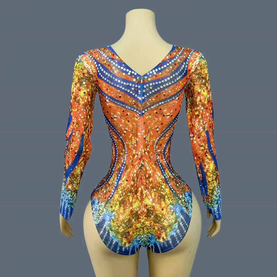 

Fancy Elastic Sheer Mesh Colorful Crystals Long Sleeved Bodysuit Tight Fitting Dance Competition Wear Sparkly Streamer Hongyan