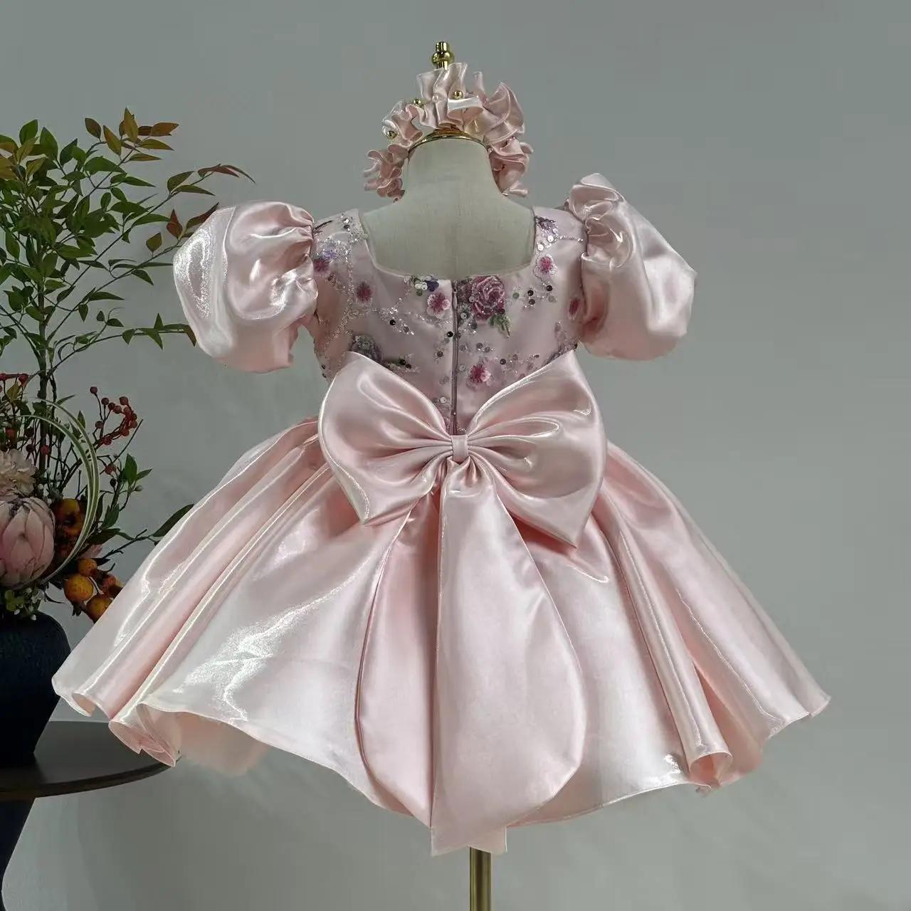 Jill Wish J026 Elegant Dubai Pink Girl Dress 3D Flowers with Hairband for Kids Wedding Birthday Communion Party Pageant 2025