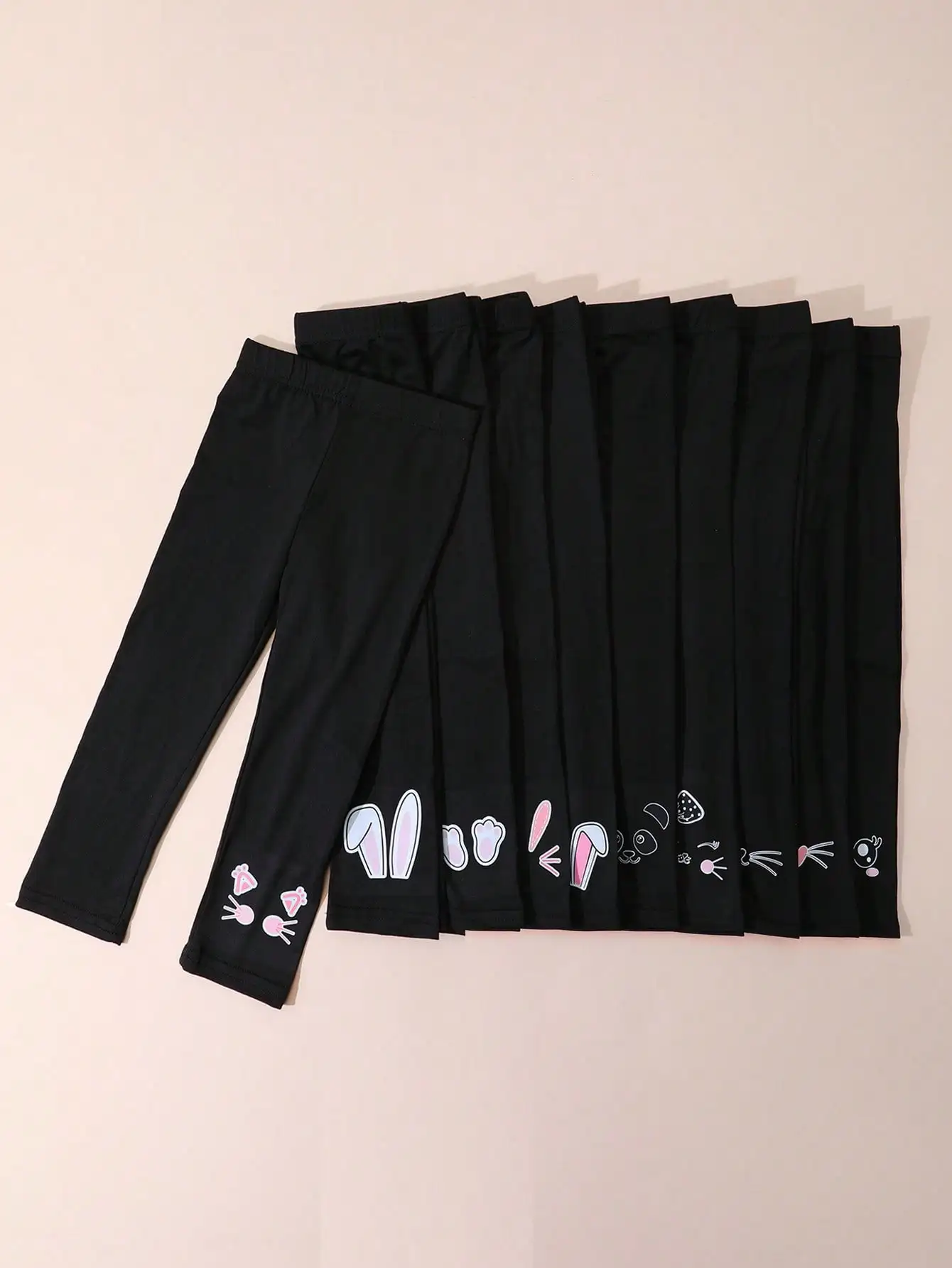 10PCS Children's Printed Leggings Set Girls Black Cartoon Pants Soft Breathable 95% Polyester 5% Spandex Stretch Pants for 2-11Y