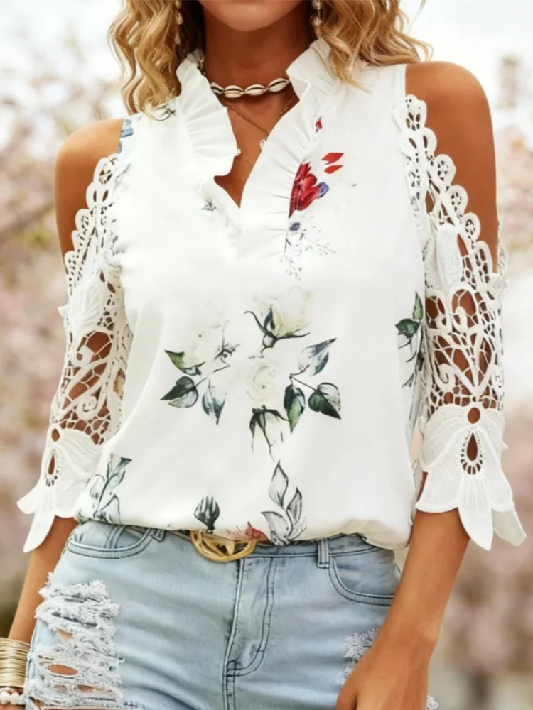

2026 V-Neck Elegant Short Sleeve Lace Shirts Autumn Sexy Hollow Out Printed Women Blouses Spring Female Strapless Casual Tops