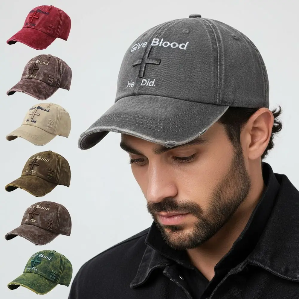 Frayed Brim Cross Embroidery Baseball Cap Hip Hop Washed Cotton Distressed Baseball Cap Adjustable Sunscreen Outdoor Fishing Hat