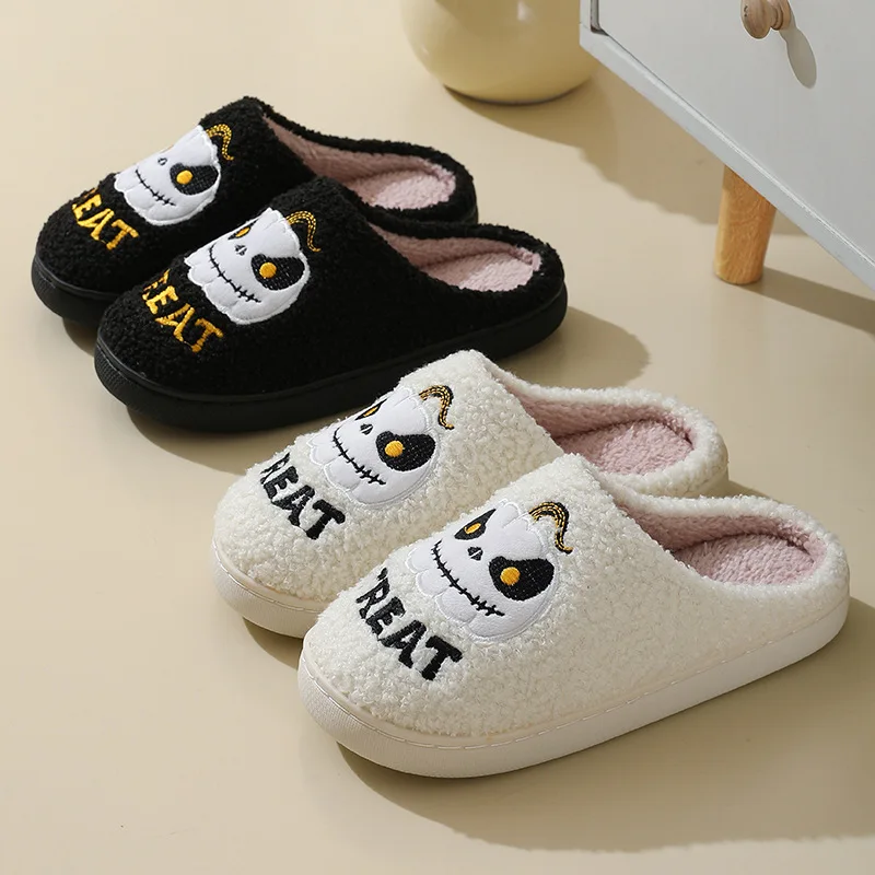 Halloween Pumpkin Embroidered Cotton Slippers Women Winter Comfortable Soft Sole Couple Shoes Woman Non Slip Flat Plush Slides