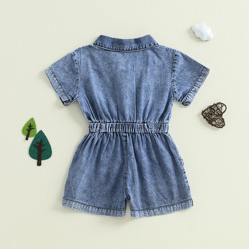 Summer Toddler Girls Denim Overalls Shorts Short Sleeves Turn Down Collar Button Down Elastic Waist Jean Romper Jumpsuit