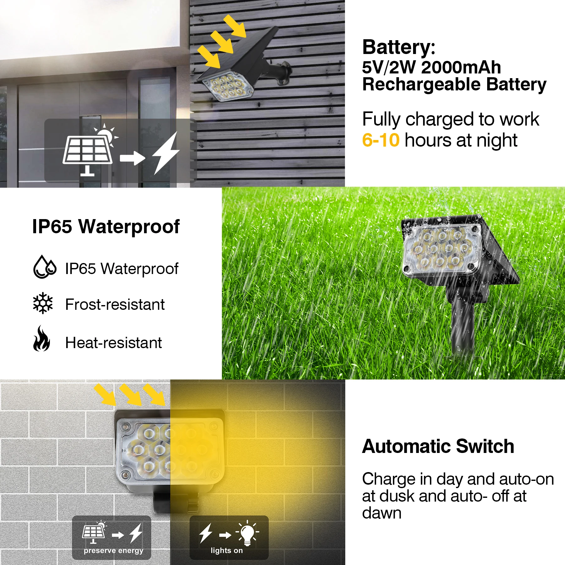 Tsun 1pc luz solar ao ar livre 3000k/6000k/rgb luz solar do jardim ip65 holofote solar para caminho da paisagem luz de parede solar