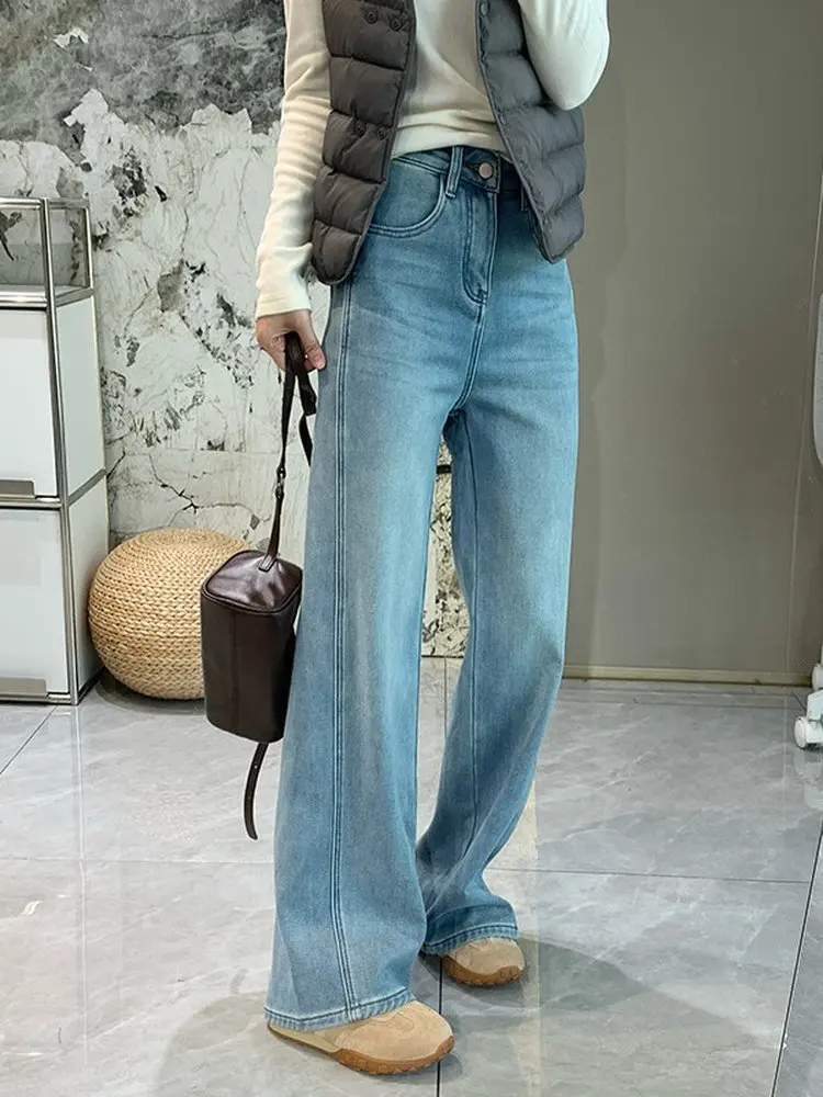 

Джинсы Thiened Fce Waed для женщин, с высокой талией, широкими штанинами, эластичные, мягкие, теплые, прямого кроя, темно-синие, из хлопка и полиэстера...