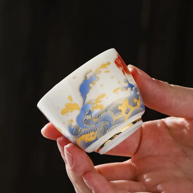 2Pcs/Set White Jade Goldfish Pattern Kungfu Tea Cups Porcelain Tea Bowl Master Cup Kitchen Teaware 60ml
