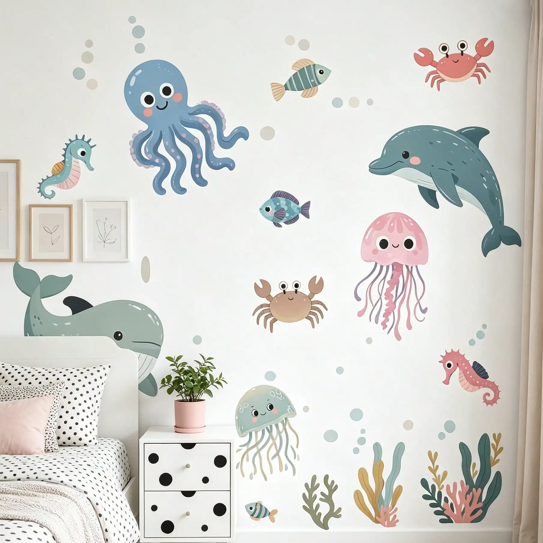 Marine Animal Wall stickers Watercolor Wind Octopus Dolphin Whale Children's Room baby Room Wall Decoration Self-Adhesive Sticke