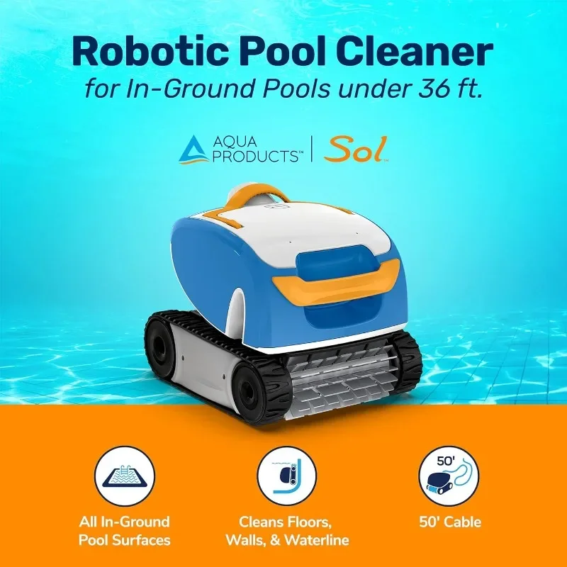Aqua Products Sol Robotic Pool Cleaner, Automatic Vacuum for Inground Pools up to 36ft, 50ft Cable Length, Wall Climbing Vac