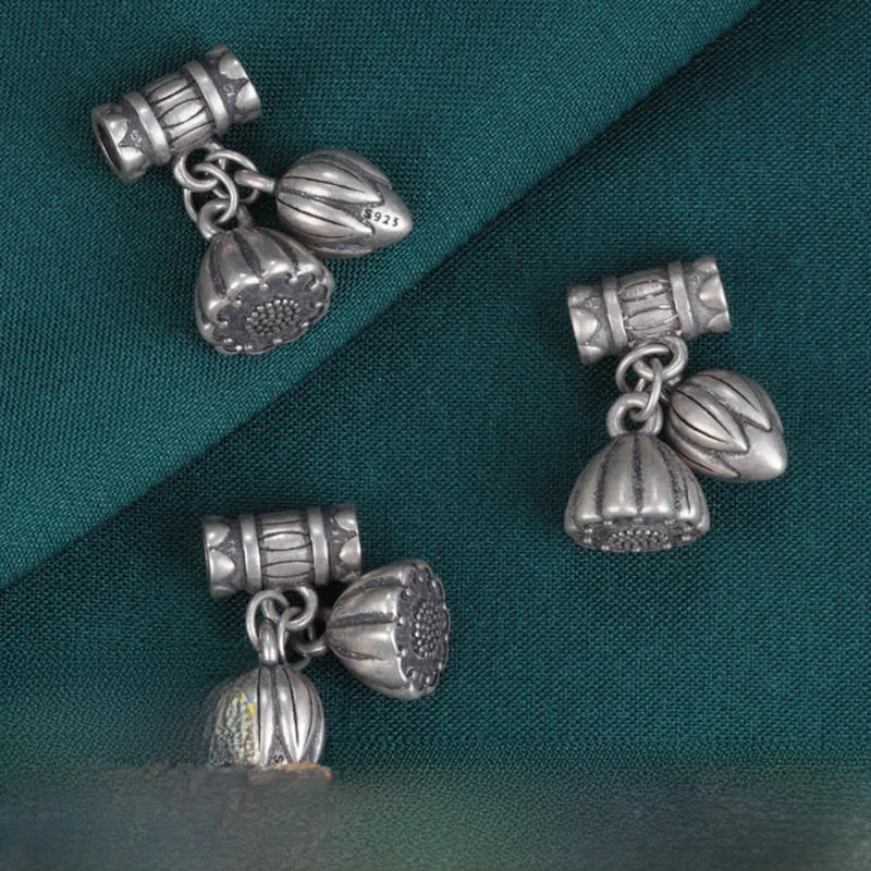 S925 Pure Silver Bla Lotus Bud Pendant Handmade Beading Material DIY Faion Jewelry Accories round Tube Vintage Sle