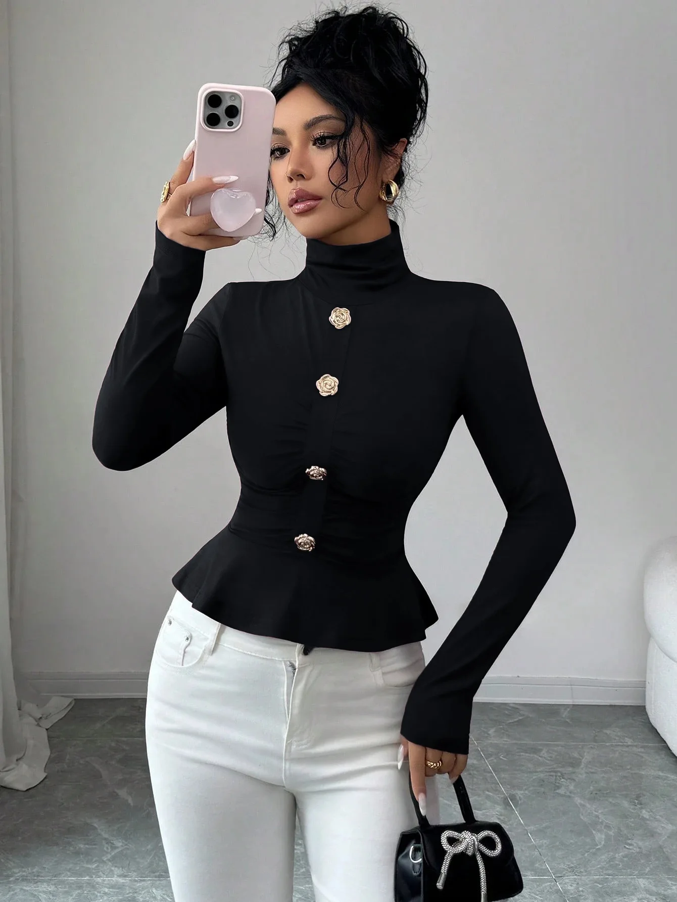 2026,أوروبية، ملابس، خريف، شتاء، تي شيرت، موضة، مثير، الياقة المدورة، روز، زر، ثنيات، كشكشة، نساء، بلايز، كم طويل، تي شيرت، 512009 #5