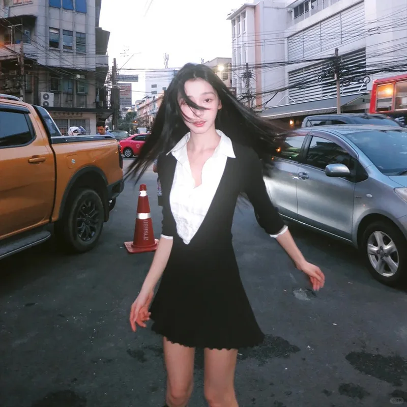 ملابس نسائية لخريف وشتاء 2024 عصرية بنمط جديد على الموضة الفرنسية بألوان متباينة وطية صدر السترة على شكل حرف a #3