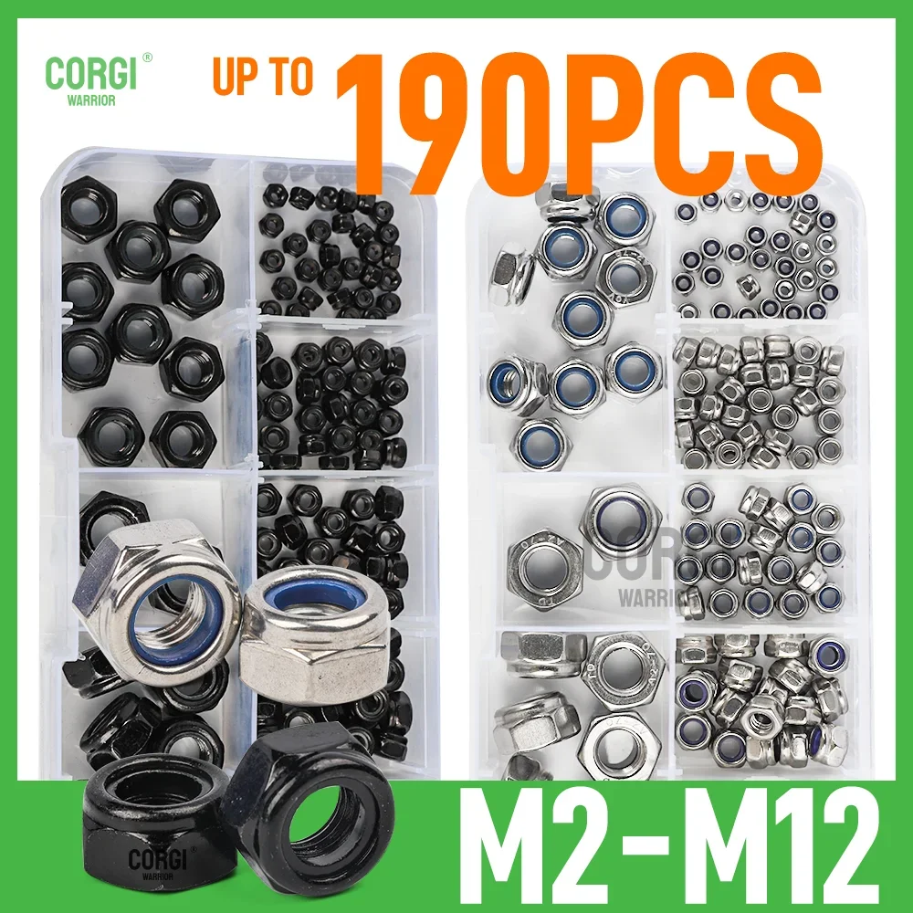 M2 M2.5 M3 M4 M5 M6 M8 M10 M12 Locknuts Assortment Kit Metric Nylon Insert Stainless/Black Steel Lock Nut Threaded Sets for Bolt