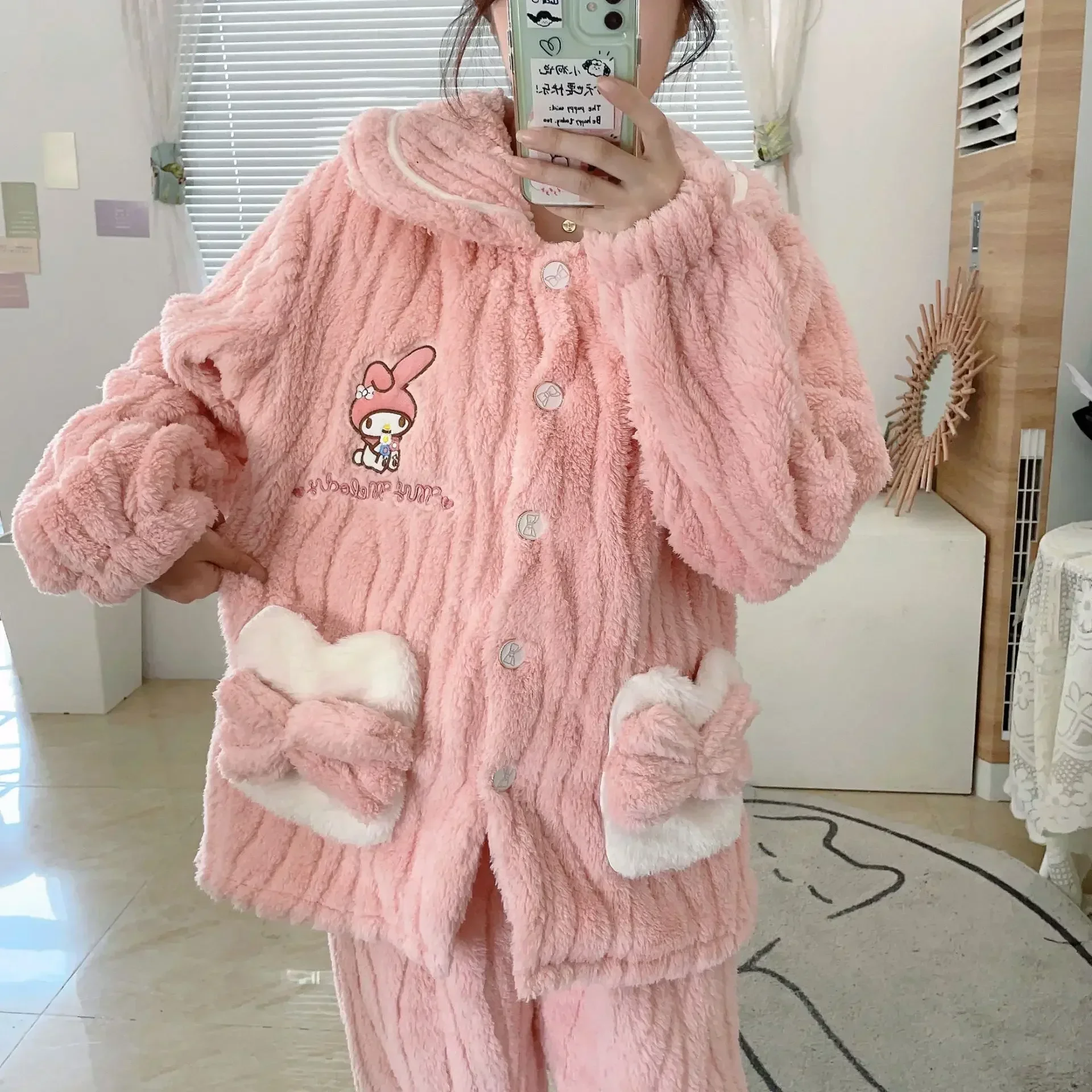 Kawaii Pompompurin Plush Fluffy Pajamas Set for Girls Women Sanrio Cinnamoroll Long-sleeved Shirt with Pants My Melody Sleepwear