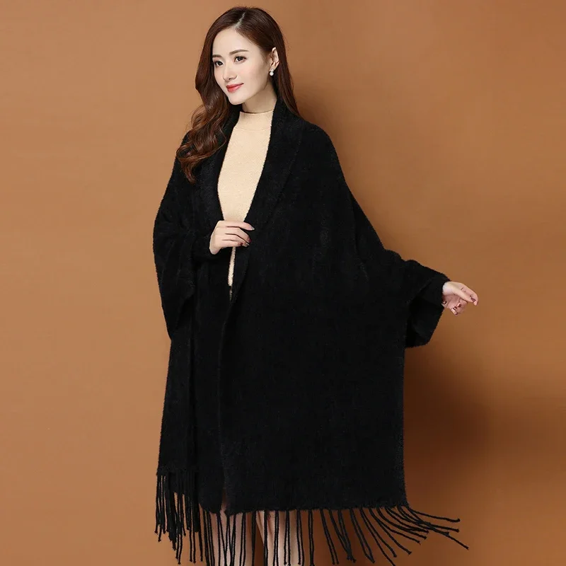 New Loose Mink Velvet Solid Color Knit Cape Jacquard Sueters De Mujer Wrap Free Size Cloak Women\'s Clothing Ponchos