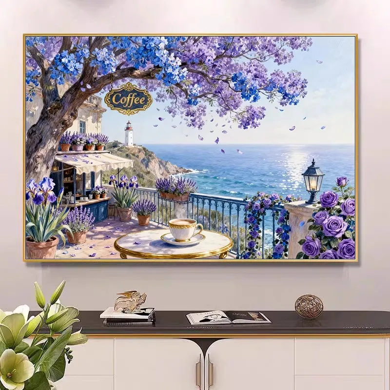 

Seaside coffee shop 14CT 9CT Printed Kit Cross Stitch Embroidery DIY Needlework Home Decor Crafts With Needles Threads