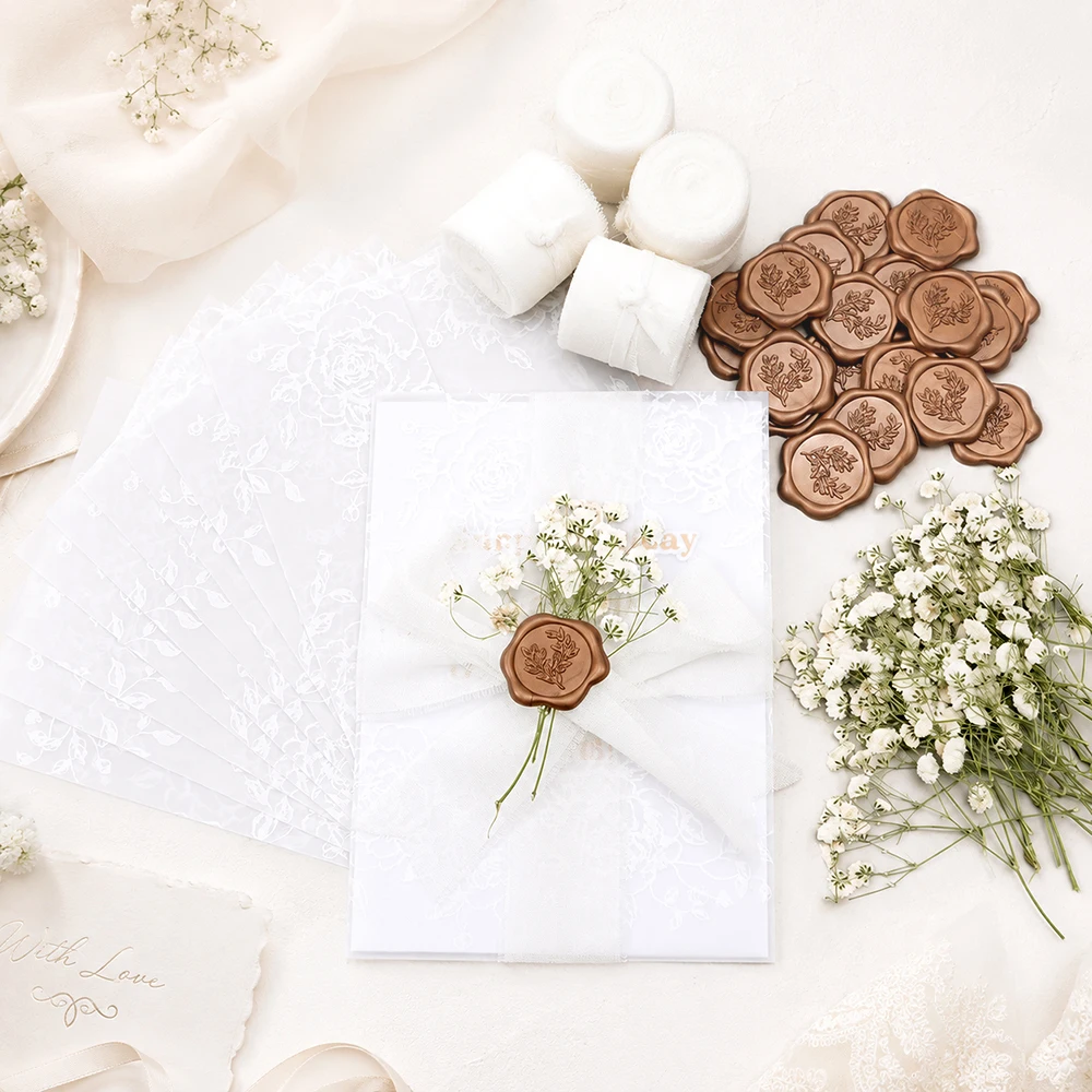 

White Invitation Cards Set Ribbon Floral Wax Seal Stickers Wedding Birthday Party Paper Card Invitation Envelope Decor Craft
