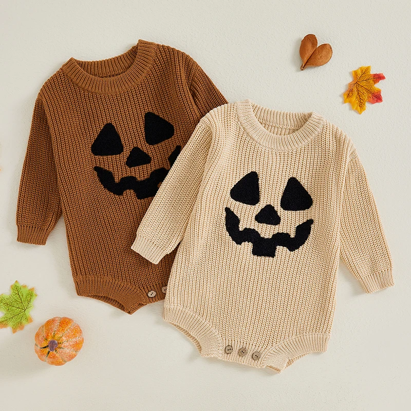 

2024-06-01 Lioraitiin Newborn Baby Halloween Sweater Romper Casual Pumpkin Embroidery Toddler Long Sleeve Knit Jumpsuit