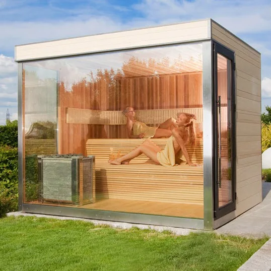 Manufacturers supply red cedar outdoor cube sauna panoramic sauna room