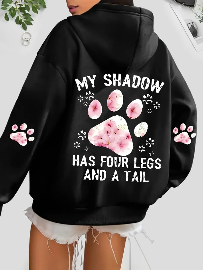 Men's loose-fitting hooded sweatshirt with floral paw-print print and pet-themed text. Women's soft fall/winter pullover hoodie.