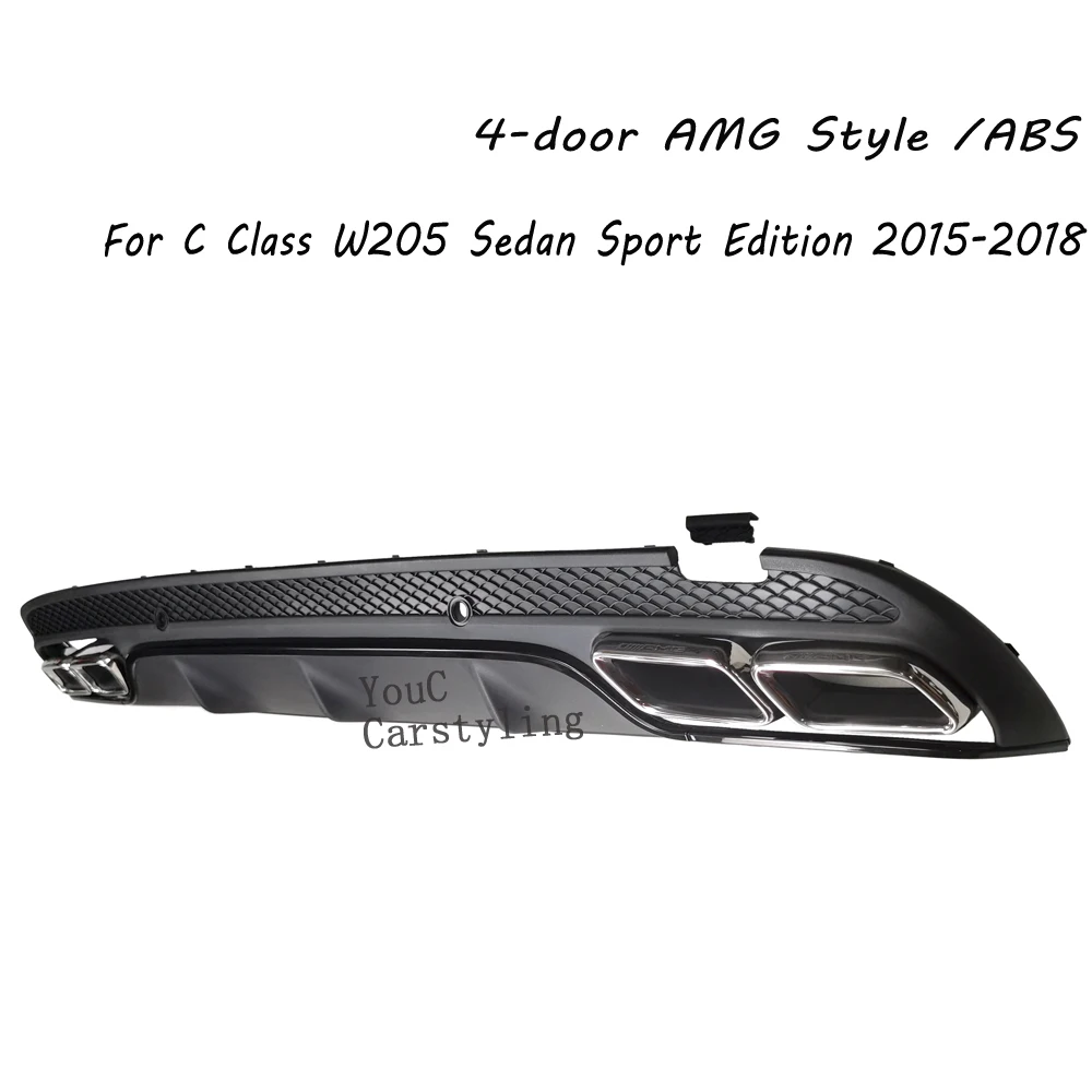 W205 AMG Style Rear Diffuser With 304 Stainless Steel 4-outlet Exhaust  For Mercedes C W205 4-Door Sport Sedan 2015-2018