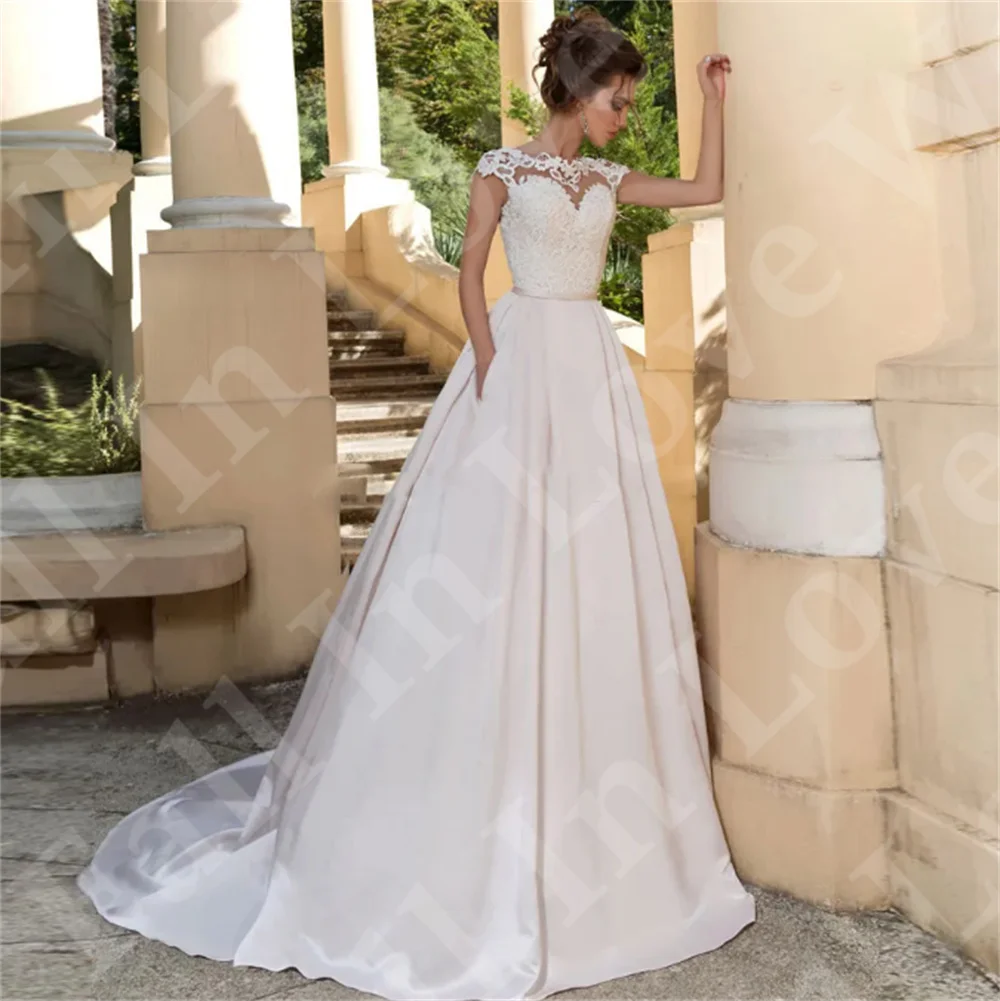 Spitzen applikationen O-Ausschnitt Brautkleid Flügel ärmel A-Linie Satin Brautkleid Vestido de Novia Robe de Mariée 2024 Hochzeits feier Kleid