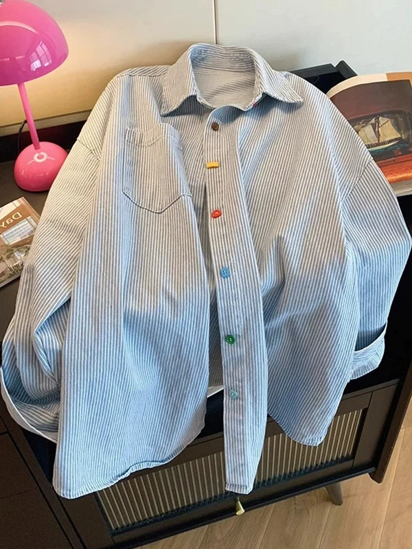 

Женский свободный длинный свиток в стиле ретро, повседневный топ на пуговицах в полоску из смеси хлопка в стиле ретро, цветной дизайн