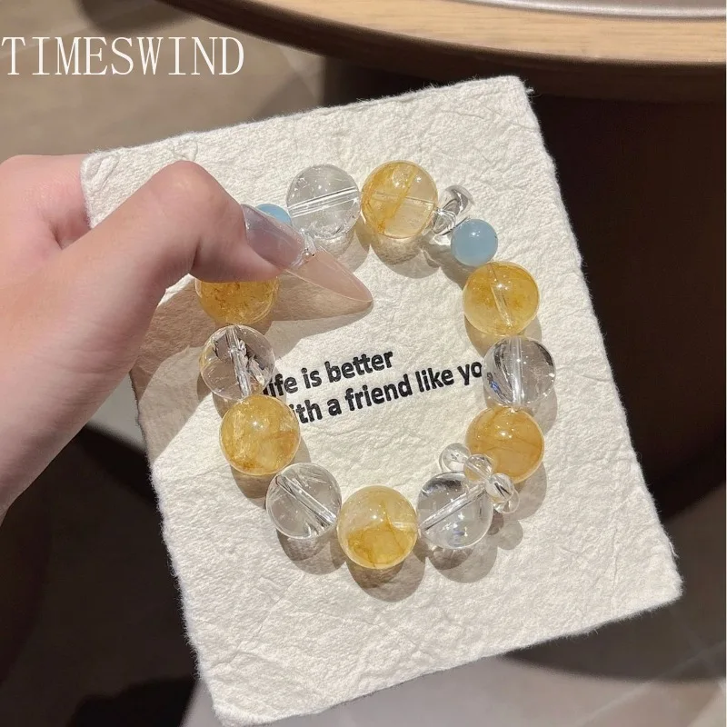 

TIMESWIND Authentic Crystal Natural 16mm Yellow White Round Beads Bless Women Bracelet Fashion Jewelry with Certificate