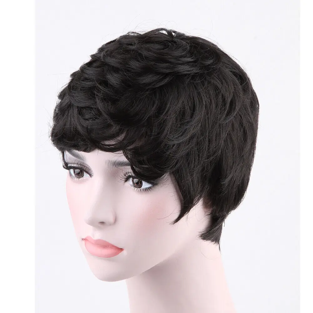 Peluca de cabello humano Real para Cosplay, pelo corto de onda negra, corte Pixie, sintético