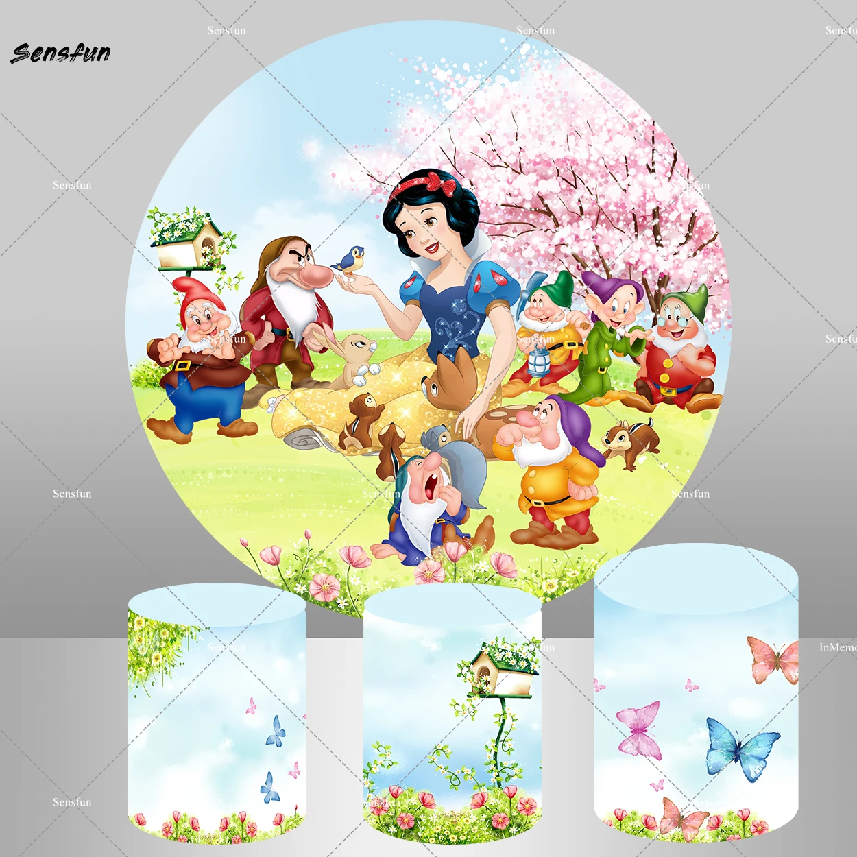 Princess Snow White Round Backdrop Enchanted Forest Snow White and The Seven Dwarfs Party Background for Girl Birthday Decor