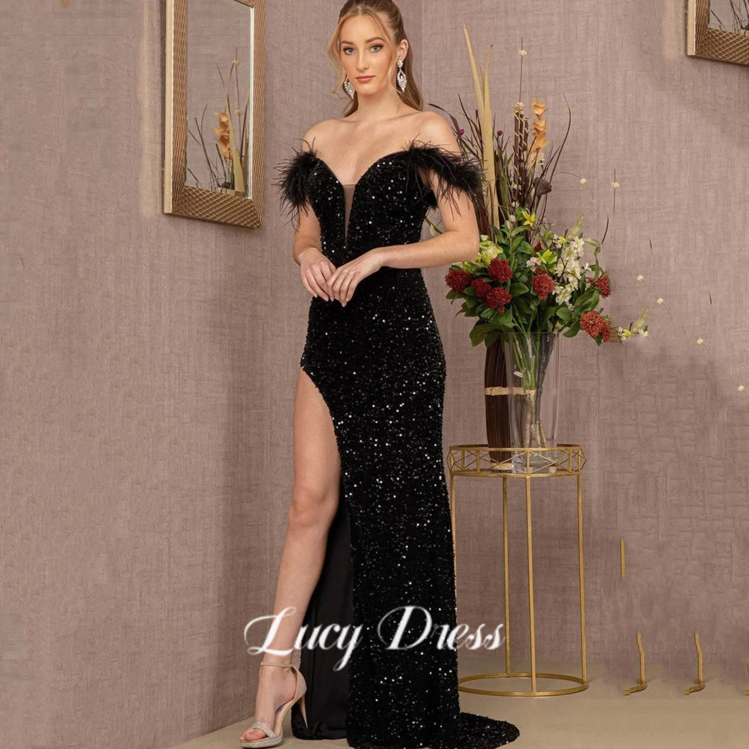 Vestido de noche negro para mujer, traje de fiesta de lujo con lentejuelas, plumas, sirena, hombros descubiertos, cuello en V, abertura frontal, 2023