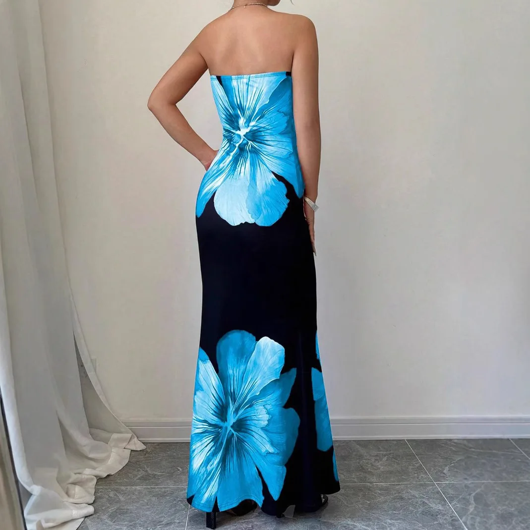 فستان نسائي طويل أنيق بدون حمالات مطبوع ، فستان نسائي لربيع وصيف 2026 على الطراز الغربي بقصة ضيقة وخصر عالٍ