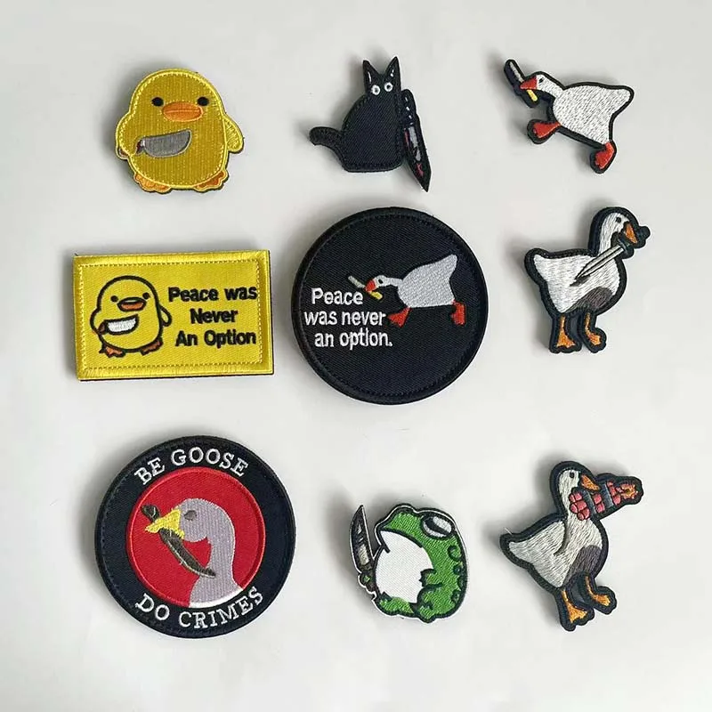 Animal With Knife Fabric Applique Embroidery Hook and Loop Patch,Peace Goose,Angry Frog,Cat,Duck Tactical Badges Clothes Sticker