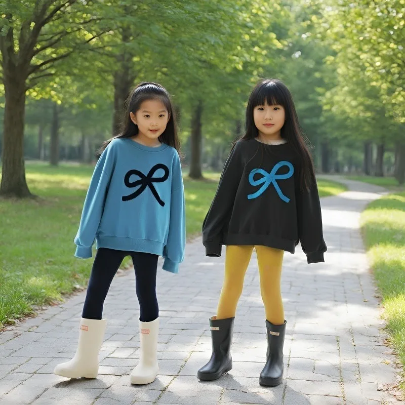 Spring and autumn round neck bow sweatshirt for girls, primary and secondary school children, Korean fashionable casual top