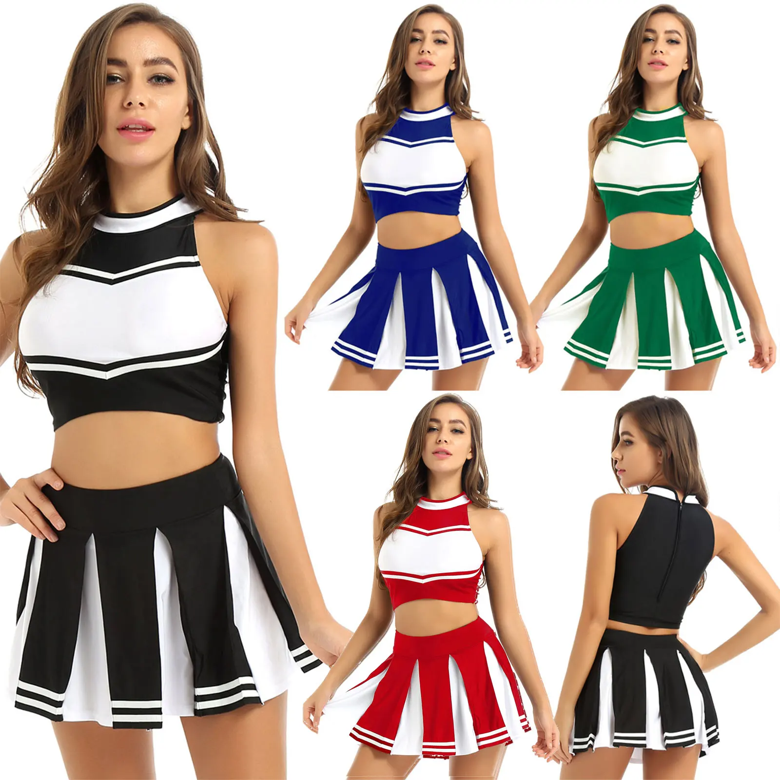 Women Cheerleading Dance Performance Costume Sleeveless Crop Top with Mini Pleated Skirt for Sports Meeting School Show Party