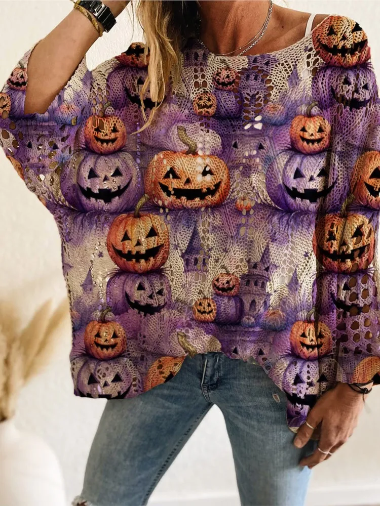 New Halloween Sweater Women Pumpkin And Bat Printed Long Sleeve Loose Sweaters For Women Casual Jumper Christmas Pullover Tops